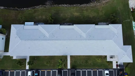 Roof in Boynton Beach put on by Ranger Roofing, drone photo from January 2025
