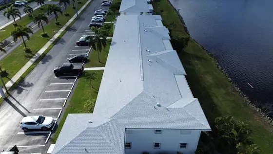 Roof in Boynton Beach put on by Ranger Roofing, drone photo from January 2025