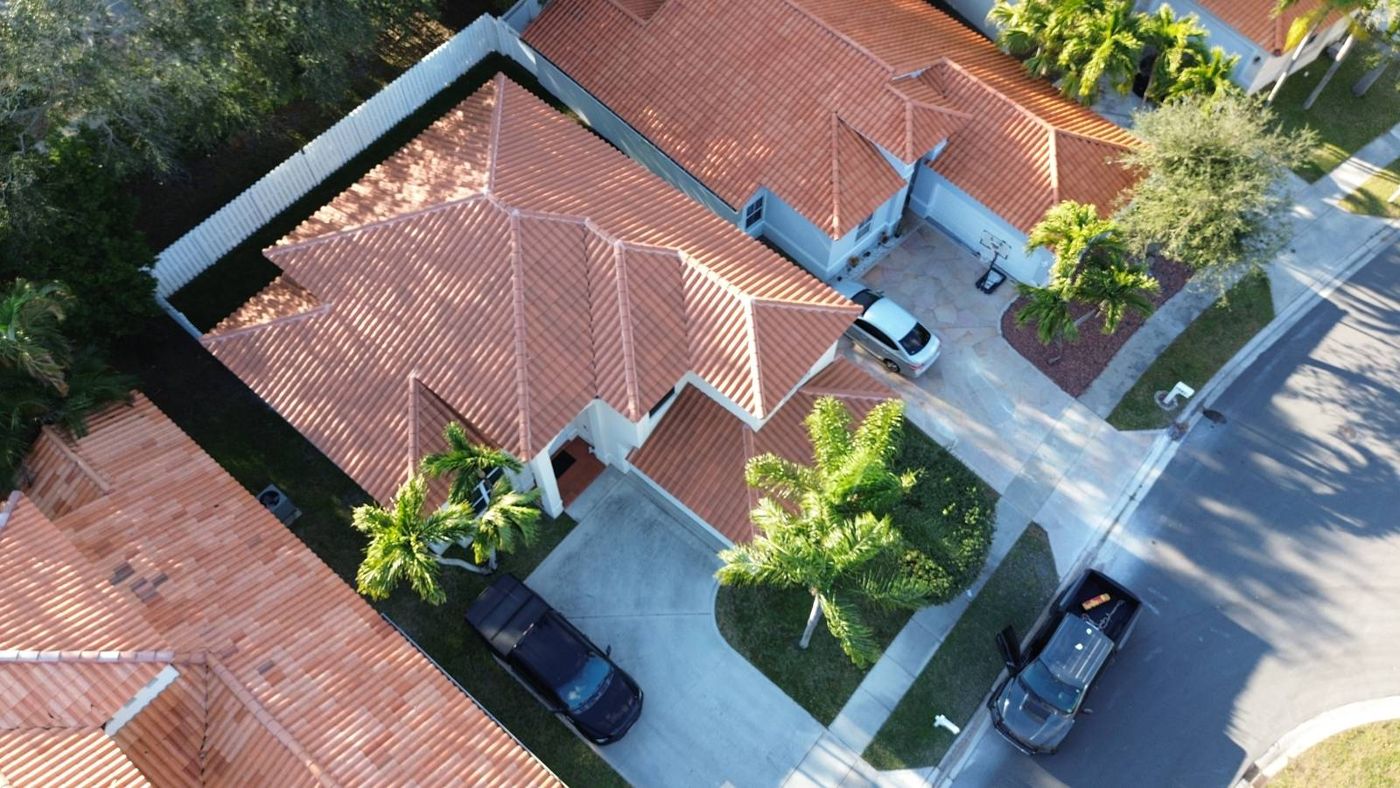 Roof in Palm Beach County put on by Ranger Roofing, drone photo from January 2025