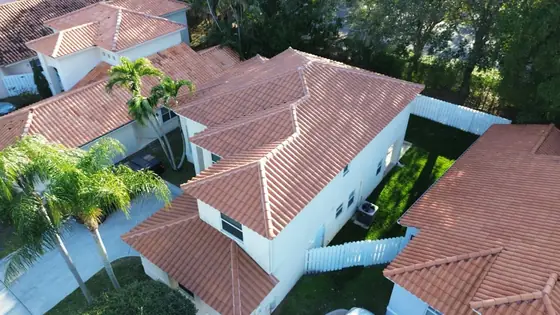 Roof in Palm Beach County put on by Ranger Roofing, drone photo from January 2025