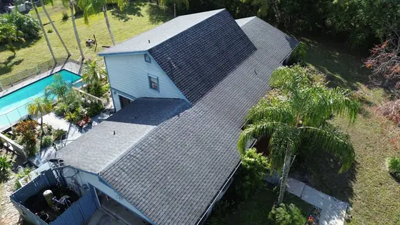 Roof in The Acreage put on by Ranger Roofing, drone photo from January 2025