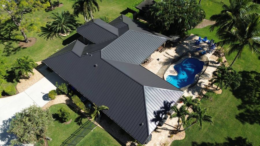 Roof in The Acreage put on by Ranger Roofing, drone photo from March 2025